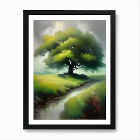 Oak tree, fine work of art, misty atmosphere, green meadow..7 Art Print