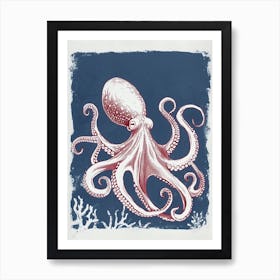Octopus Swimming Around With Tentacles Red Navy Linocut Inspired 4 Art Print