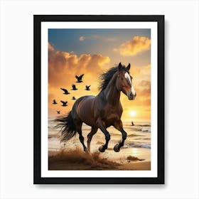 Horse Running On The Beach Art Print