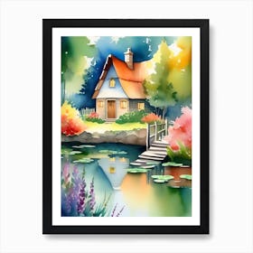 Watercolor House By The Pond Art Print