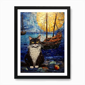 Mosaic Of A Cat At A Medieval Dock Art Print