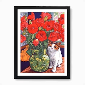 Drawing Of A Still Life Of Snapdragon With A Cat 4 Art Print