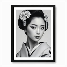 Geisha Illustration in Black and White Art Print