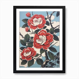 Benifuuki Japanese Tea Camellia Vintage Botanical Woodblock Art Print