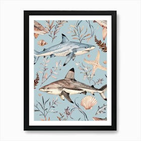 Pastel Blue Nurse Shark Watercolour Seascape Pattern 3 Art Print