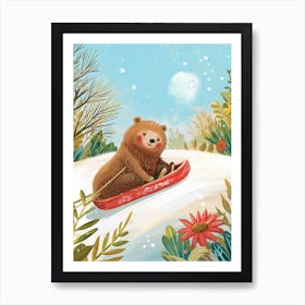 Sloth Bear Cub Sledding Down A Snowy Hill Storybook Illustration 1 Art Print