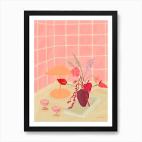 Bubbly, Pink Room With Vase Of Flowers Art Print