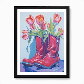 A Painting Of Cowboy Boots With Tulips Flowers, Fauvist Style, Still Life 1 Art Print