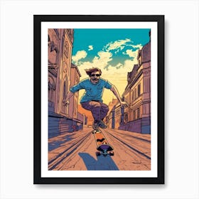 Skateboarding In Prague, Czech Republic Comic Style 2 Art Print