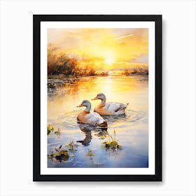 Ducks Swimming In The Lake At Sunset Watercolour 5 Art Print