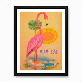 Miami Beach Pink Flamimgo Retro Travel Vintage Poster Art Print