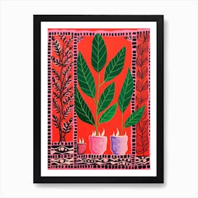 Pink And Red Plant Illustration Zz Plant Zamioculcas 1 Art Print