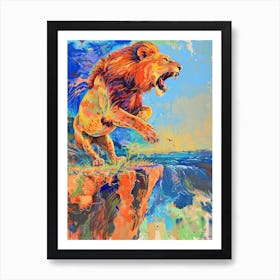 Southwest African Lion Roaring On A Cliff Fauvist Painting 2 Art Print