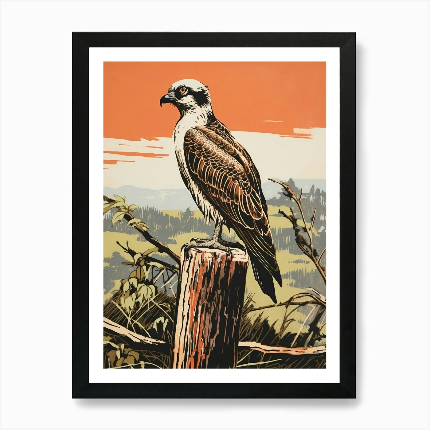 Osprey Linocut Print in Black, Water Bird Art, Bird Art , Linocut