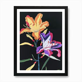 Neon Flowers On Black Freesia 3 Art Print