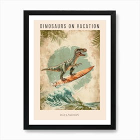 Vintage Iguanodon Dinosaur On A Surf Board 2 Poster Art Print