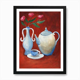 Vase And Teapot - burnt orange still life vertical kitchen art figurative painting Art Print