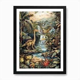 Dinosaur By A Waterfall Landscape Painting 3 Art Print