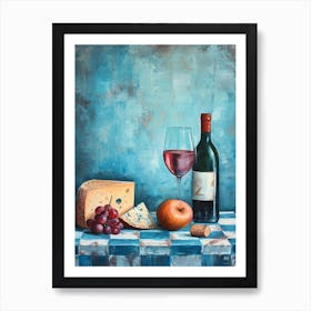 Wine Cheese & Grapes Blue Checkerboard 4 Art Print