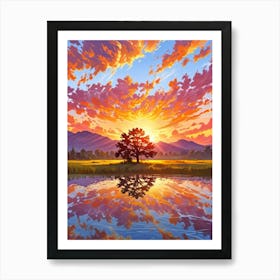 Sunset With Tree Art Print