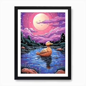 Duck In The Water At Night 1 Art Print