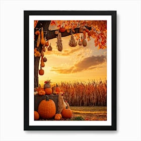 A Photograph Showcasing A Thanksgiving Festival Scene Set In A Rustic Fall Evening Wooden Decoratio (2) 1 Art Print