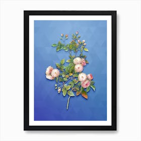 Vintage Pink Baby Roses Botanical Art on Blue Perennial n.0614 Art Print