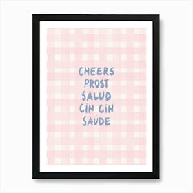 Cheers Prost Salud modern capitalized hand-lettering gingham in pink and blue Art Print