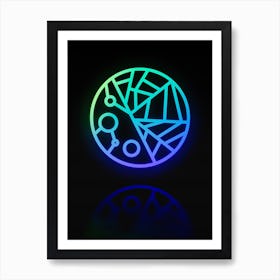 Neon Blue and Green Abstract Geometric Glyph on Black n.0477 Art Print