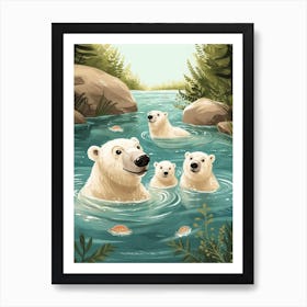Polar Bear Family Swimming In A River Storybook Illustration 3 Art Print