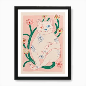 Cute Cat With Flowers Illustration 1 Art Print