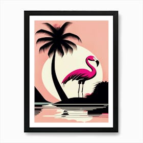 Flamingo, Palm Tree, Sunset Art Print