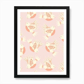 Folk Art Christmas White Doves on Pastel Pink Art Print