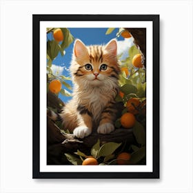 A little kitten climbs up a tree with oranges. 10 Art Print