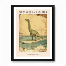 Vintage Camarasaurus Dinosaur On A Surf Board 1 Poster Art Print