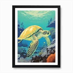 Sea Turtle In The Ocean Linograph Illustration 5 Art Print