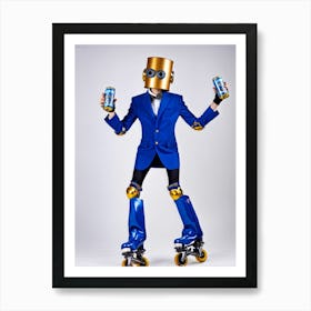 Scared Robot Sporting A Quirky Disguise Of Vibrant Cobalt Blue And Gold Balancing On Inline Roller 1 Art Print