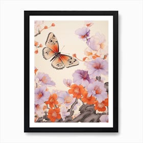 Japanese Style Painting Of A Butterfly With Flowers 6 Art Print
