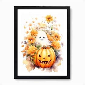Cute Ghost With Pumpkins Halloween Watercolour 148 Art Print