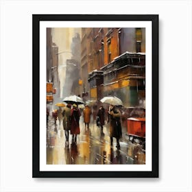 New York City, rain falling, city cafes, passing by, winter, vintage oil colors.7 Art Print