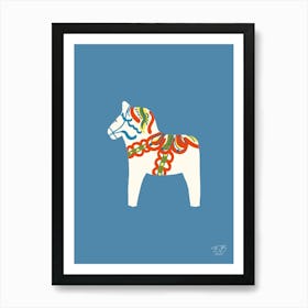 White Swedish Dalahorse On Blue Art Print