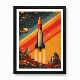 Space Odyssey: Retro Poster featuring Asteroids, Rockets, and Astronauts: Space Shuttle Launch Art Print