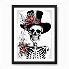 Floral Skeleton With Hat Ink Painting (16) Art Print