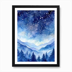 Watercolor Winter Landscape Painting Art Print