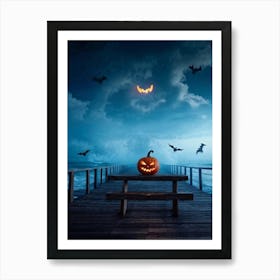 Halloween Themed Coastal Landscape During Dusk Featuring A Jack O Lantern With A Glowing Eye Perched (3) Art Print