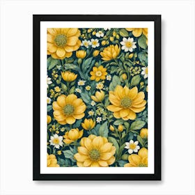 Painted Spring and Summer Flowers Boho Pattern - Navy Background Green Yellow White Bohemian Blooms Wallpaper Art Like Amy Butler and William Morris Fabric Print For Lunar Pagan Gallery Feature Wall Floral Botanical Luna Lover HD Art Print