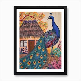 Peacock Outside A Thatched Cottage Illustration 3 Art Print