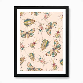 Floral Doodle Bug Butterfly pattern on Peach Fuzz Art Print