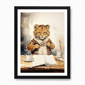 Tiger Illustration Doing Calligraphy Watercolour 1 Art Print