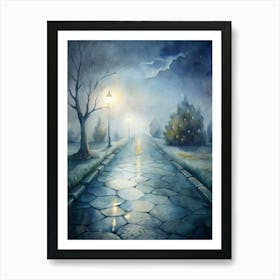 A Chilling Road Scene With Broken Pavement Mist (1) Art Print